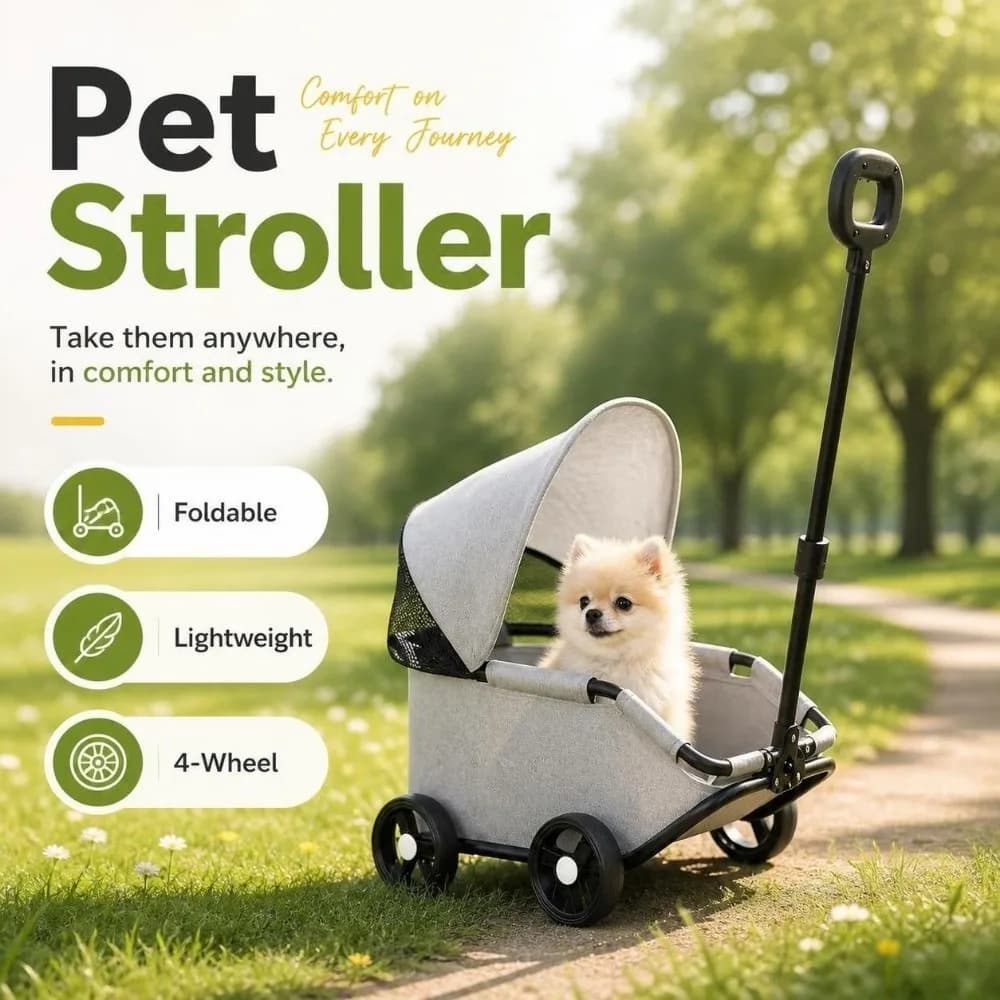 Dog Stroller Foldable Pet Stroller 4-Wheel with Sunshade Cat Cart Portable Lightweight Pet Pushchair Dog Cat Carry Supplies