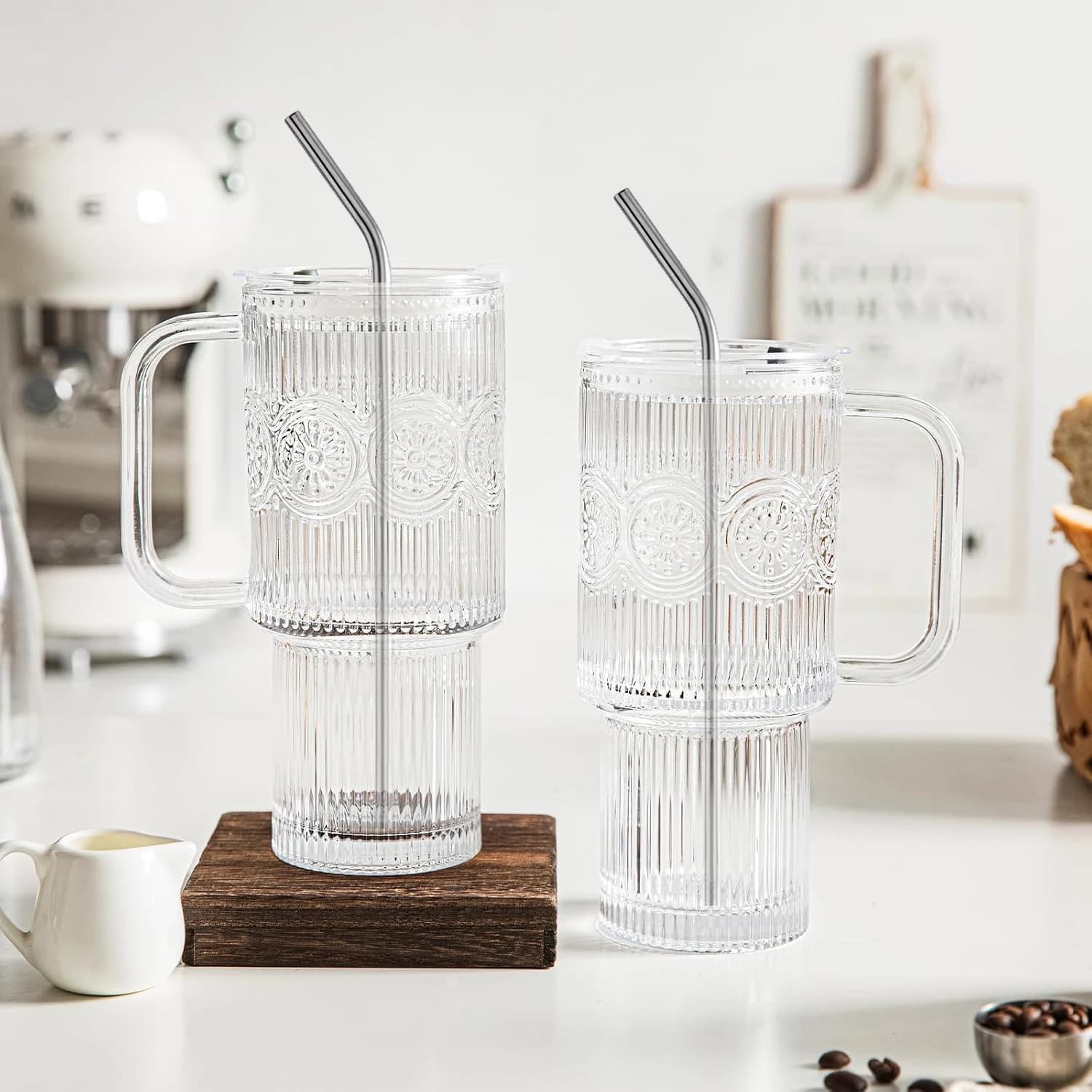 500 ML Ribbed Glass Tumblers with Lids and Straws
