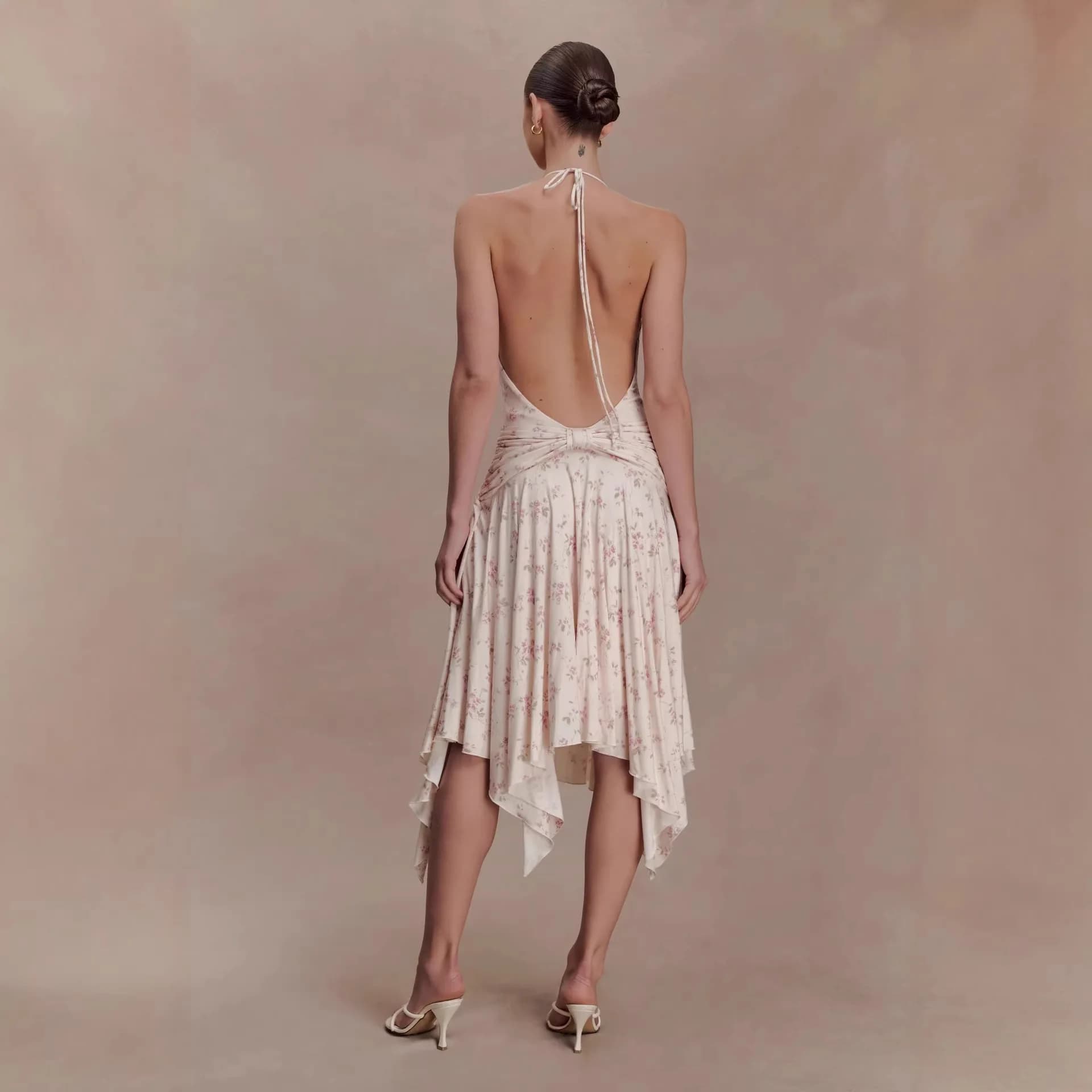 Women's Fashion New French Retro Irregular Floral Skirt Sexy Backless European and American Strappy Dress for Women