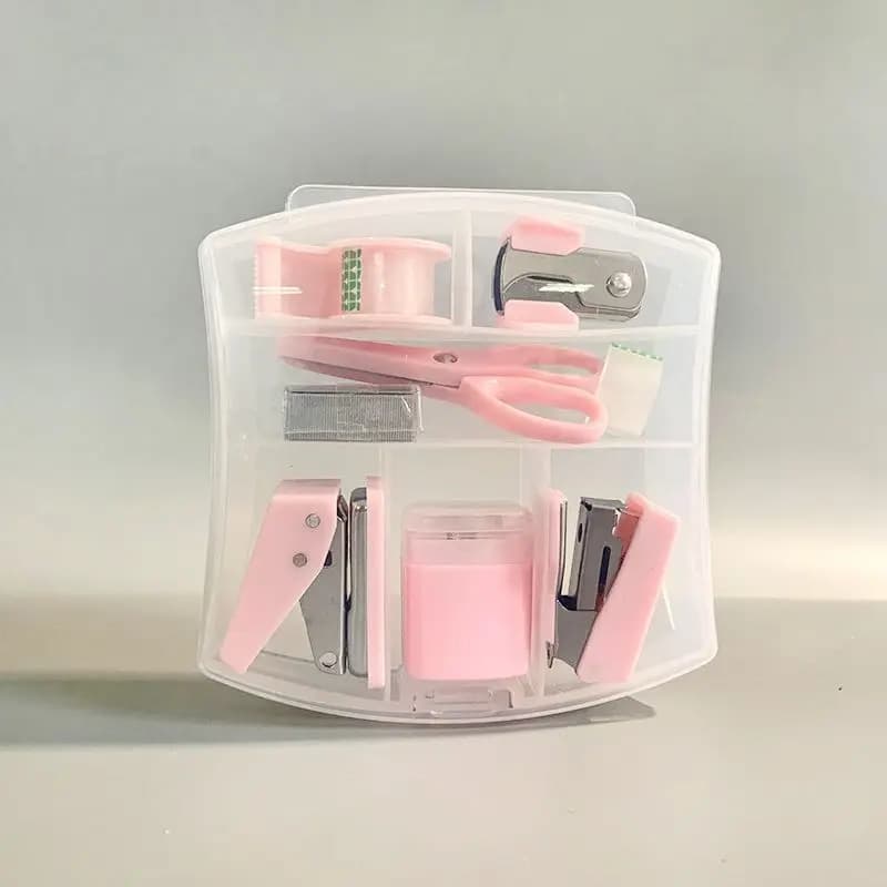 8 PCS Mini Office Supplies Set with Portable Case - Including Scissors Tape Box Pencil Case Puncher and Staples