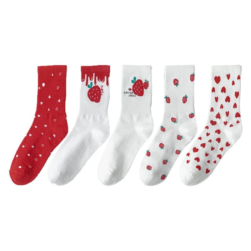 Cotton Socks Women Strawberry Heart Print Japanese Style