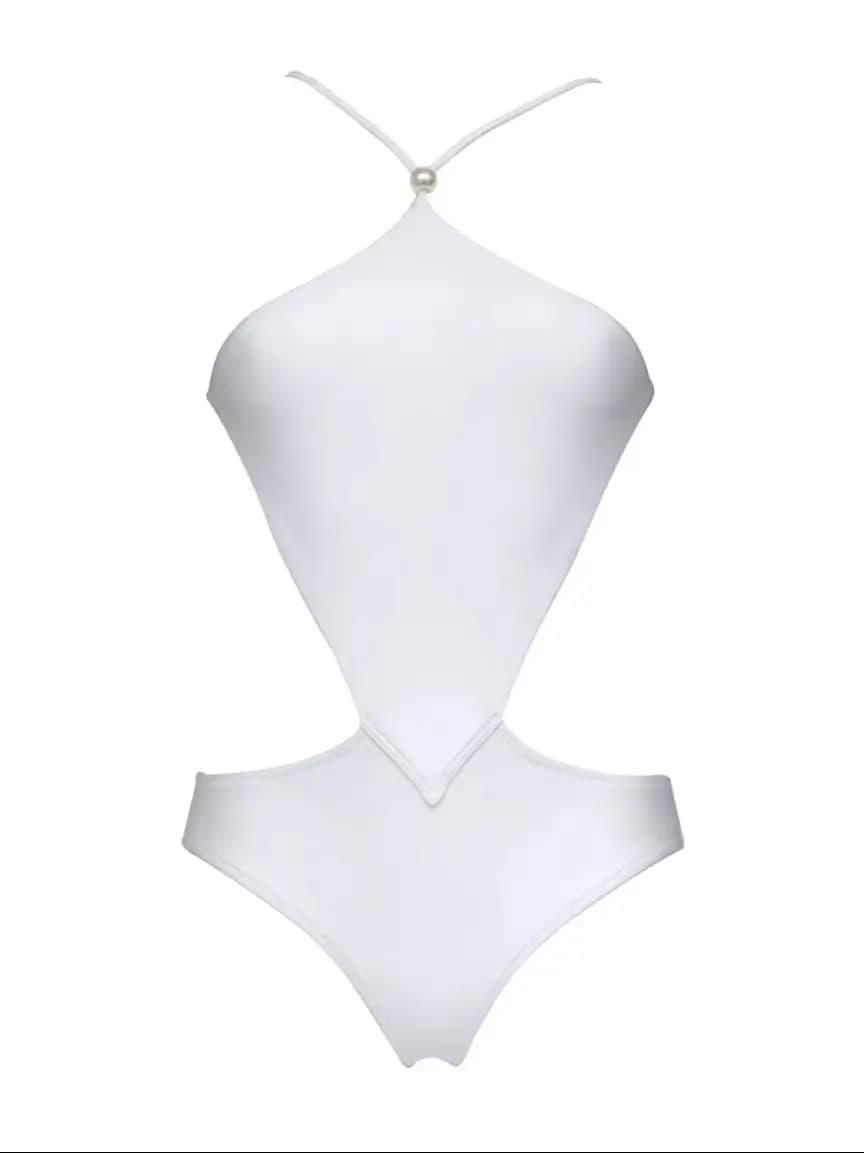 White Halter High-Leg Bikini With Skirt