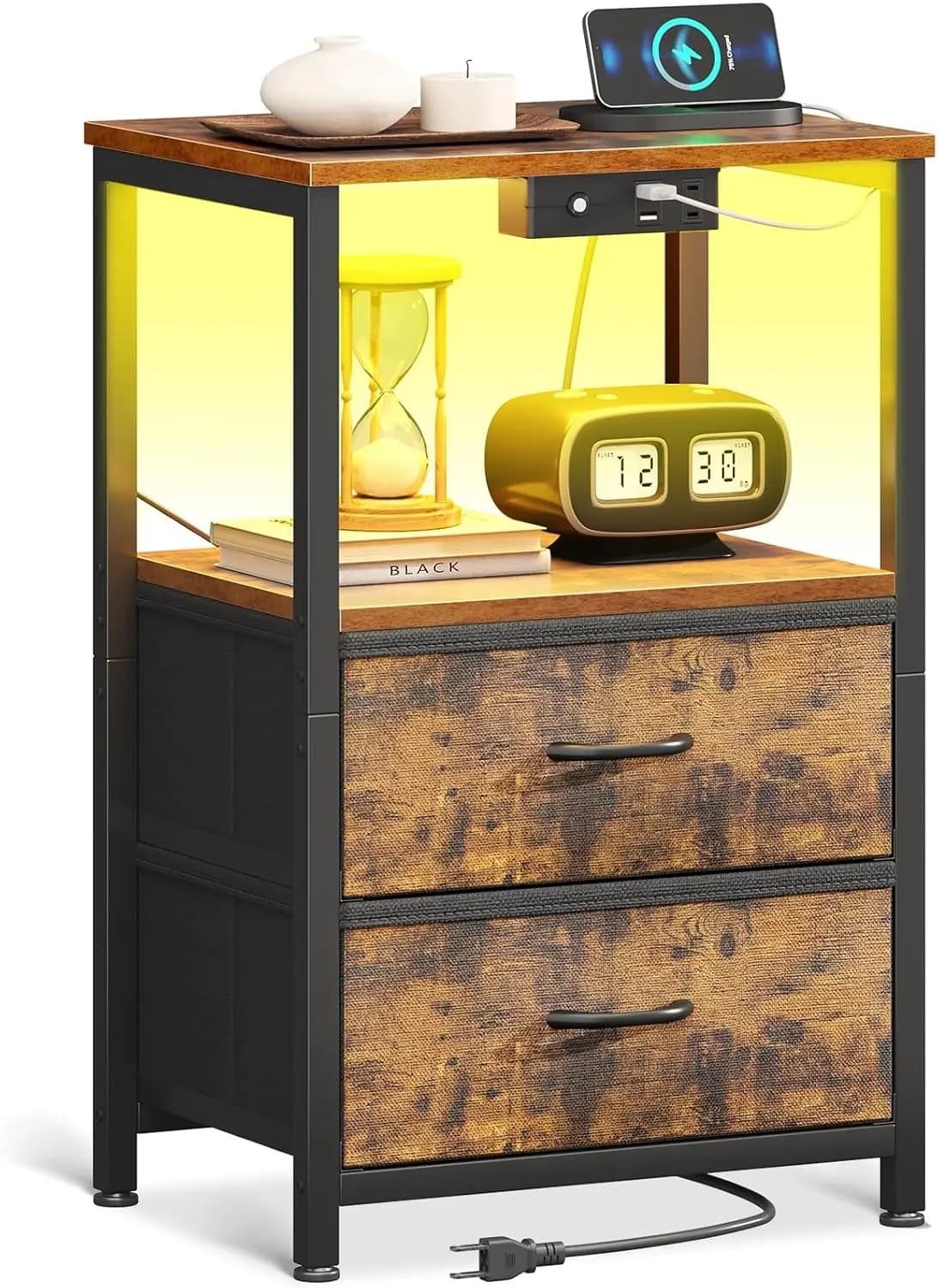 Night Stand with Charging Station and LED Lights End Table for Bedroom with 2 Fabric Drawers Storage Shelf Bedside Table Black