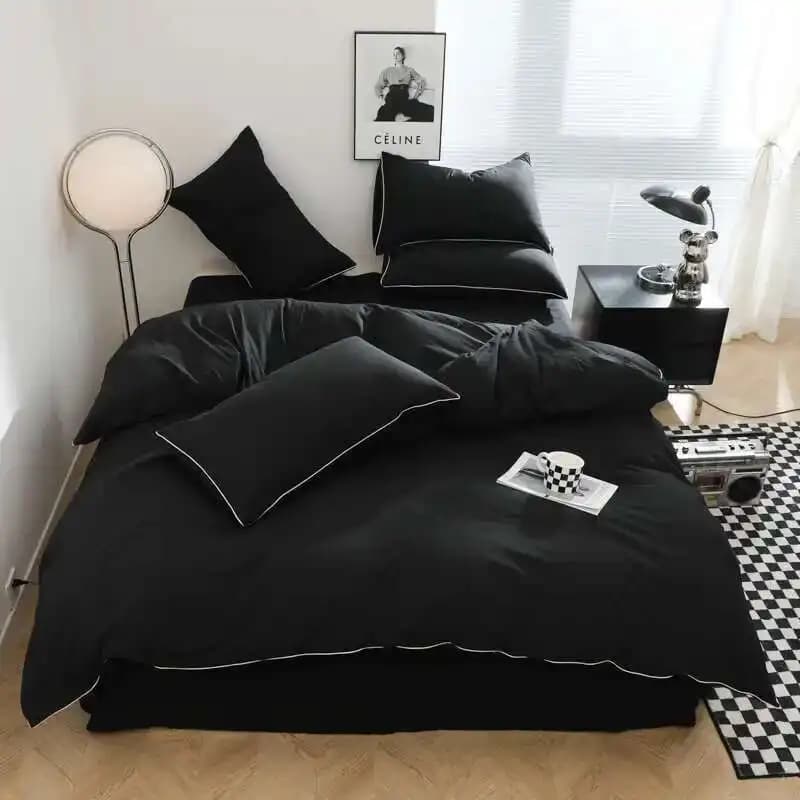 Black Bedding Set - Minimalist Queen/King Size Quilt Set 100% Cotton Plain Bed Cover Full Set (Includes Pillowcases)​