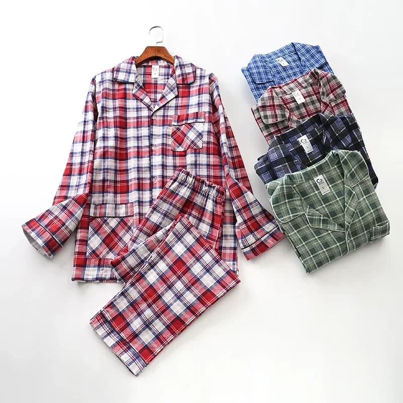 Pajama Men Clothing Sets for Spring Autumn and Winter Long-sleeved Trousers Suits Brushed Cloth Cotton Plaid Pajamas Men Suit