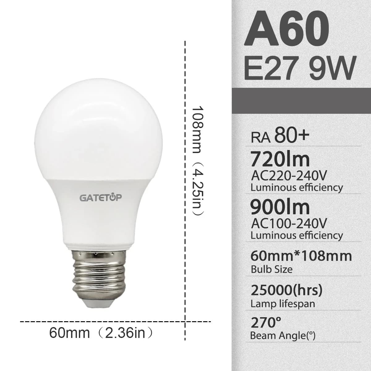 A60 9W / 6000K Cold white / AC100-240V