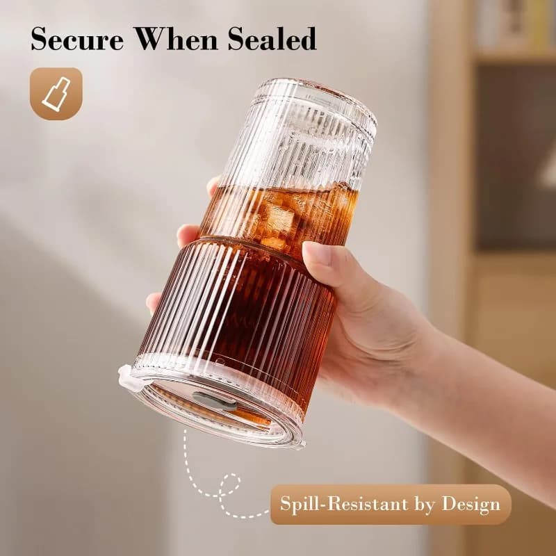 Striped Glass Coffee Cup with Lid and Straw