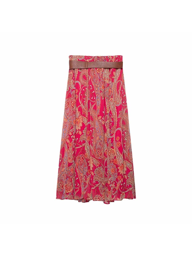 Women Vintage Fashion 2026 Autumn Red Print Suit Women Sexy Vest+ Sashes Draped Long Skirt Chic Bohemian Female Beach Sets
