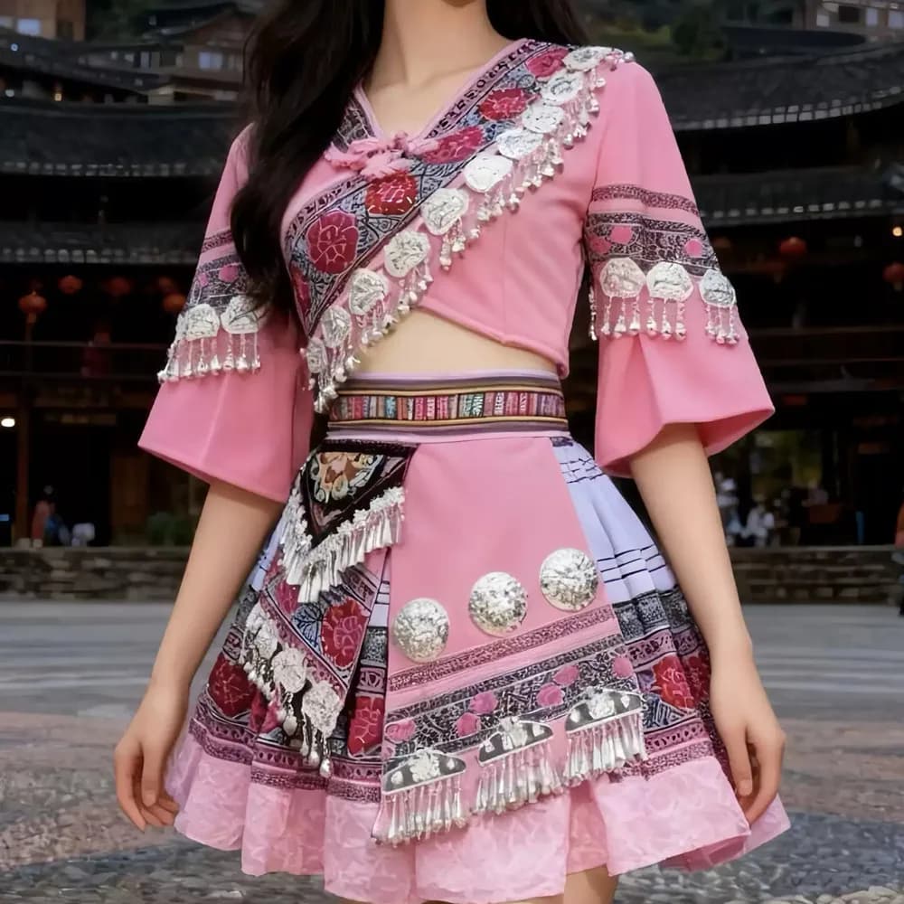 Traditional Folk Dance Costume Top and Skirt Set