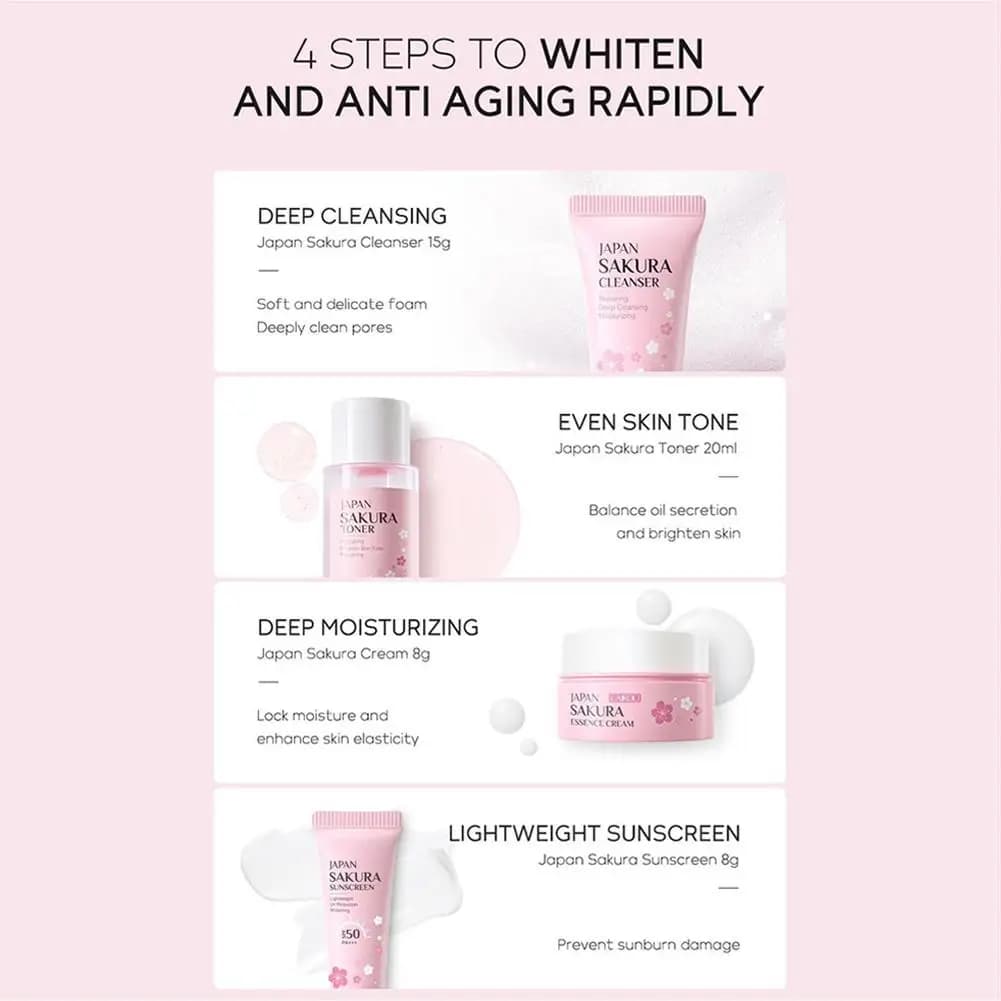 Sakura Skin Care Set facial Cleanser,Serum,Toner,Sunscreen,facial cream Beauty skin care For Women Gifts Routine Travel Kit
