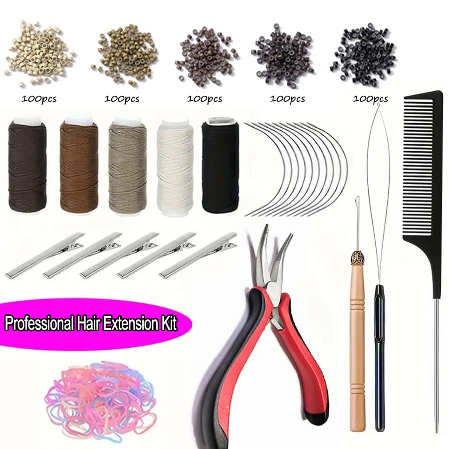 Professional Hair Extension Kit with Beads,Pliers, Pulling Hook, Threads, Needle - Metal Tools for All Hair Types,