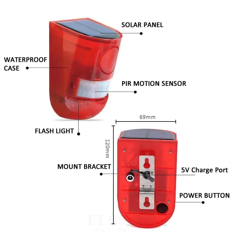Solar Motion Detector Alarm Light with Strobe Siren