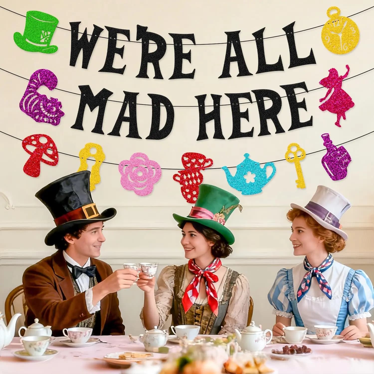 We’re All Mad Here Banner Fantasy One Years Old Birthday Party Decorations Welcome Baby Girl Boy Afternoon Tea Party Supplies