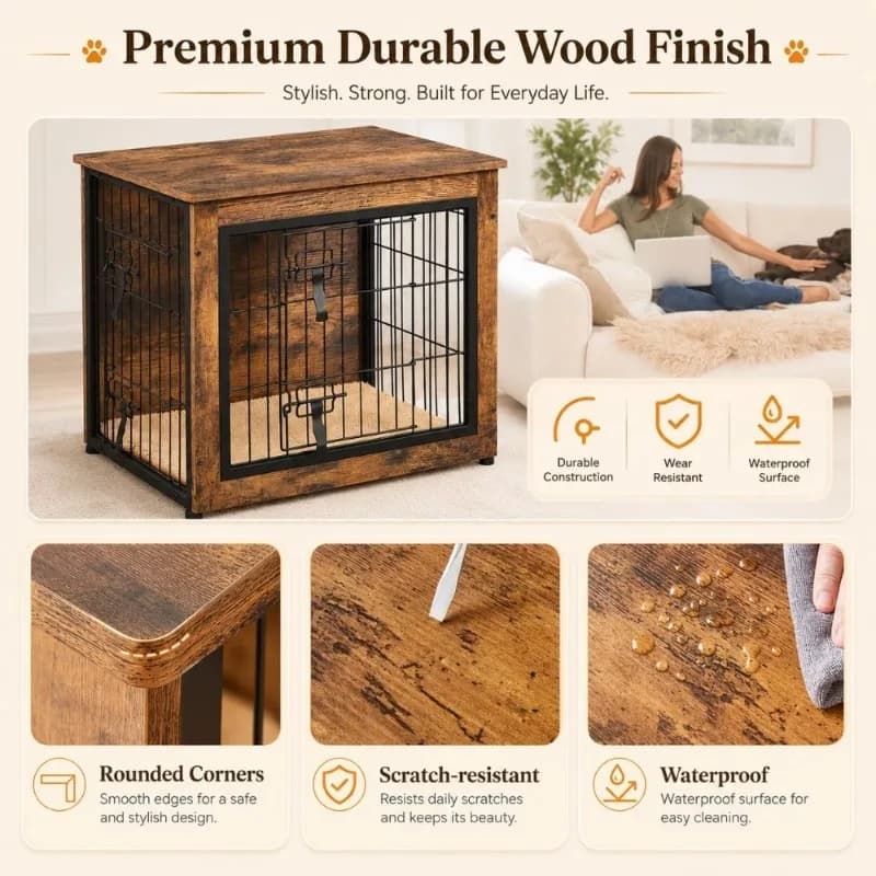 Wooden Dog Crate Side Table with Cushion