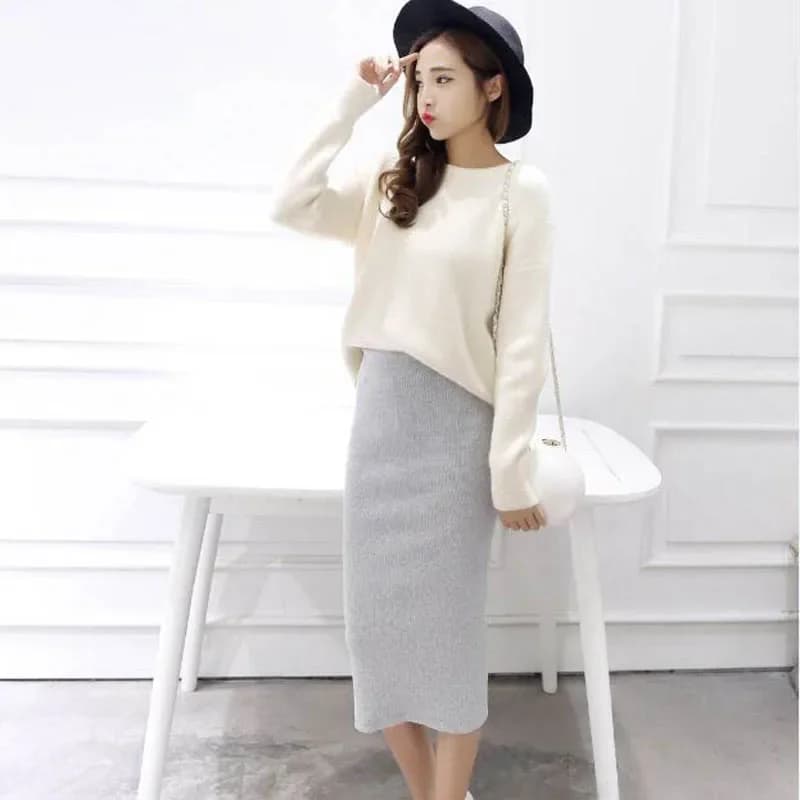 Women's Black Pencil Skirt Wool Rib Knit