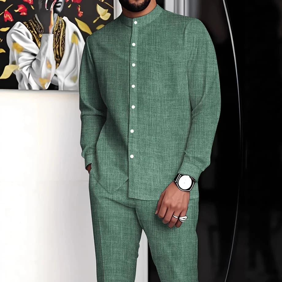 Ethnic Stand Collar Shirt and Pants Set