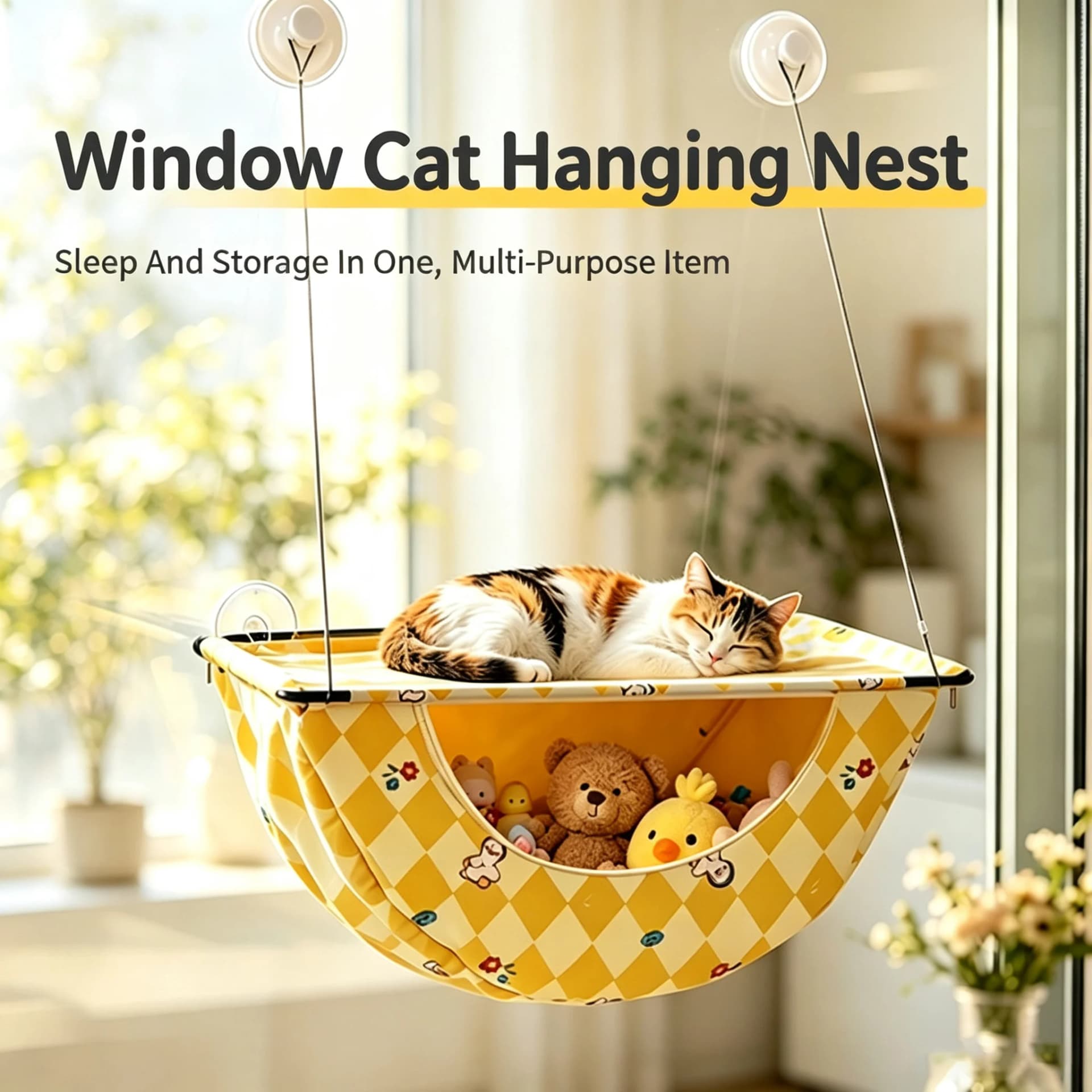 Window Suction Cup Cat Hammock with Storage