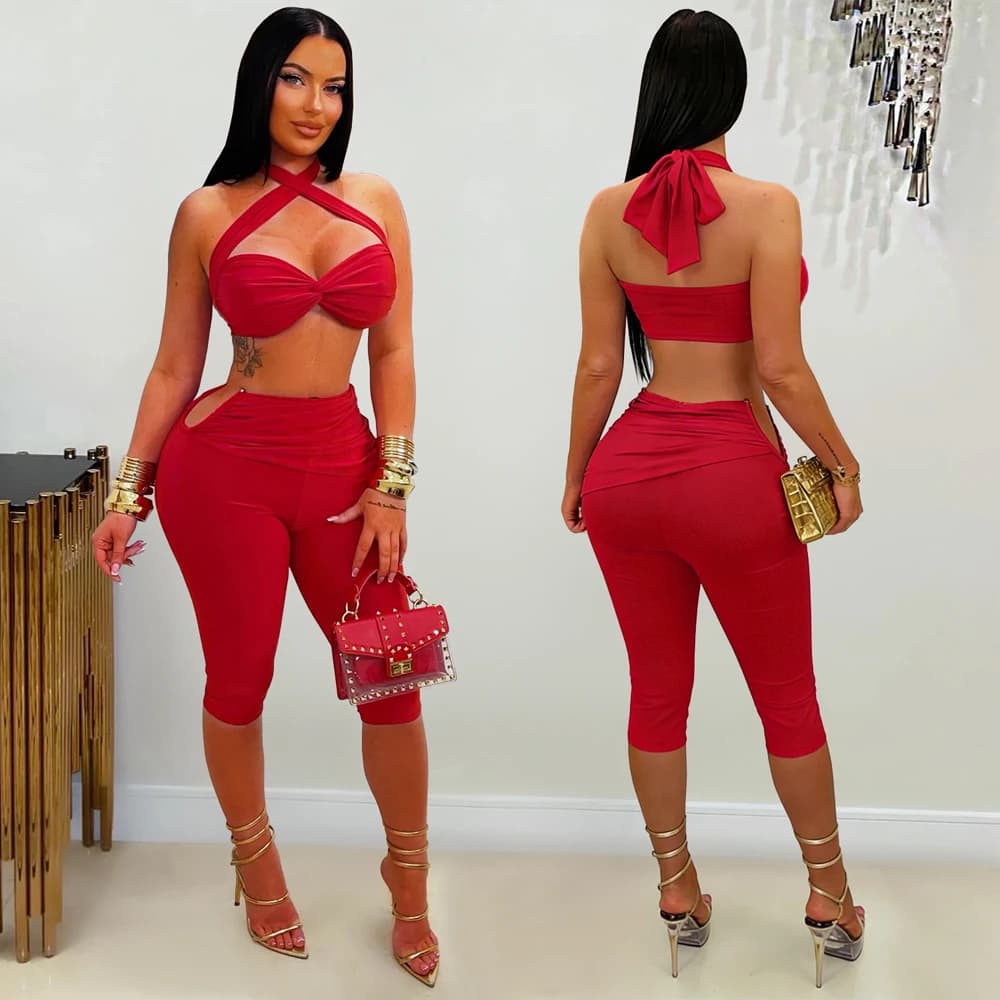 Cross Neck Crop Top and Capri Legging Set