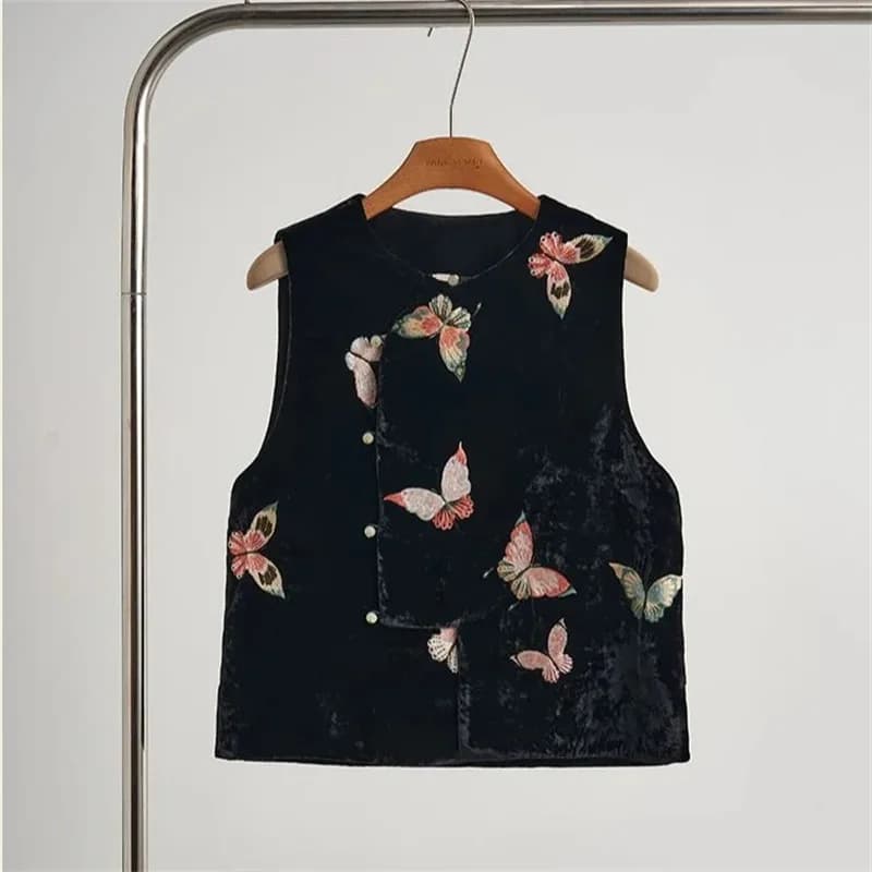 Women's Butterfly Embroidered Cotton Vest