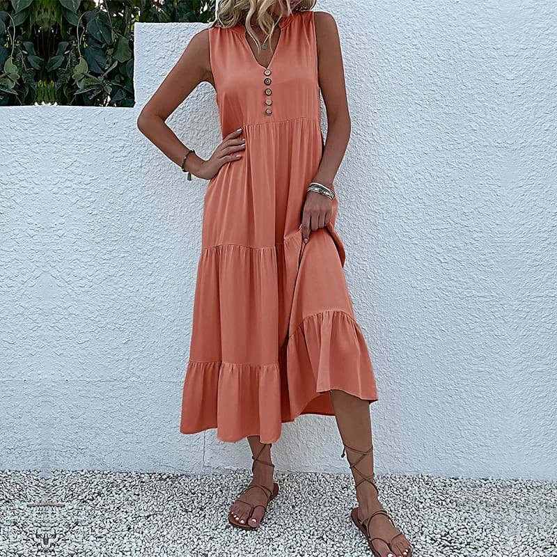 Casual Summer Midi Dress Sleeveless V-Neck