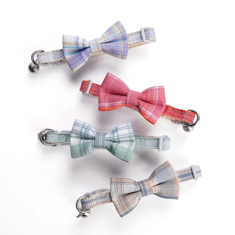 Adjustable Pet Collar with Bell and Plaid Bowtie