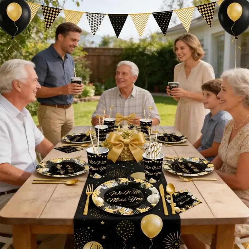 Elegant Dark And Shimmering Retirement Party Decorations Set Designed With High Quality White Cardstock For A Special