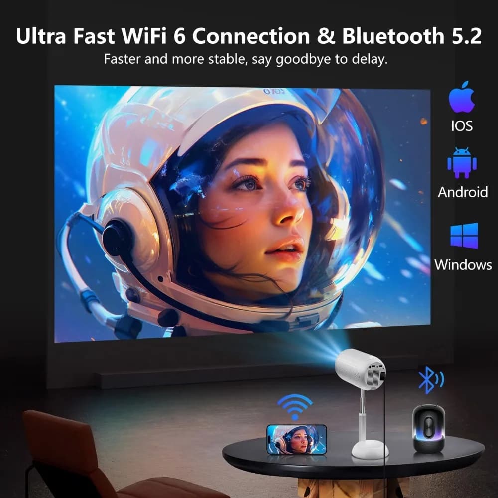 Mini 4K Projector,Outdoor Portable Projector With WiFi Bluetooth Projector Adjustable angle/height,Keystone Correction For Home
