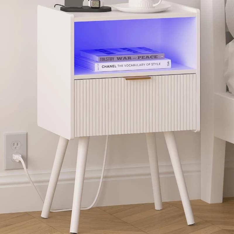 Nightstand Modern Bedside Table Charging Station And LED Lights Night Stand Storage Drawer Solid Wood Legs Organizer Vanity