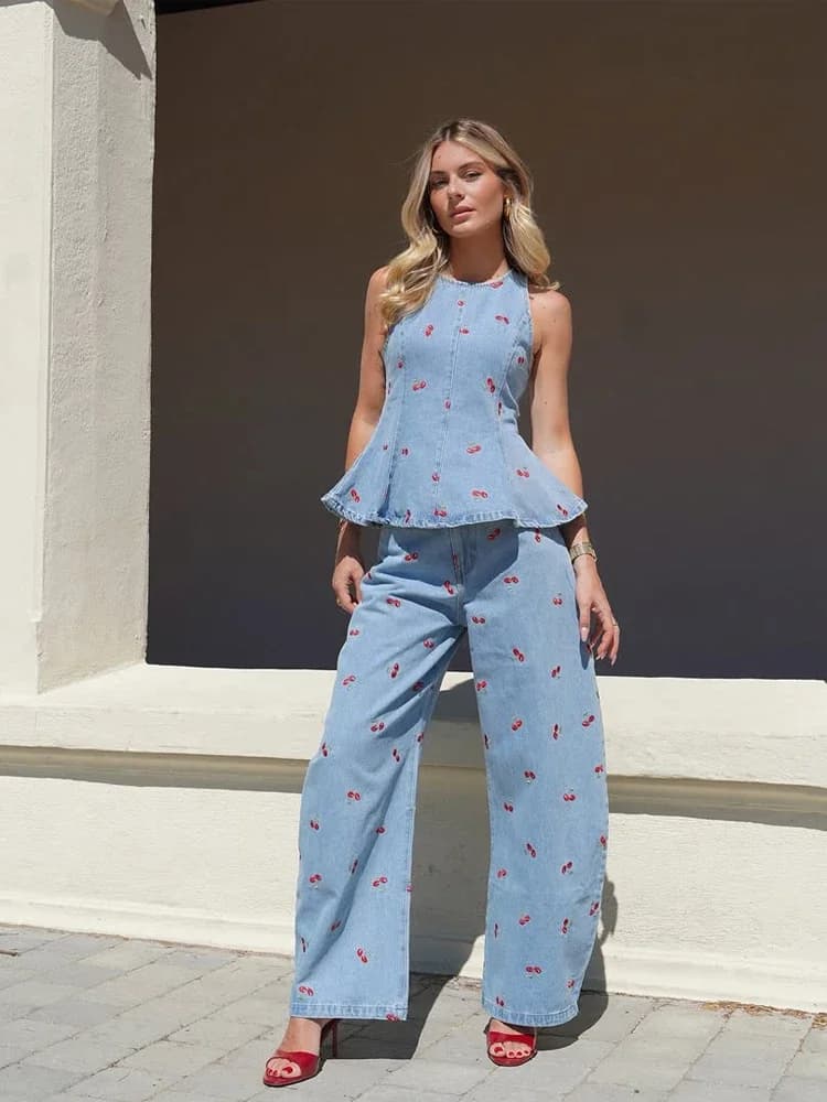 Denim Printed Sleeveless 2-Piece Suit Set