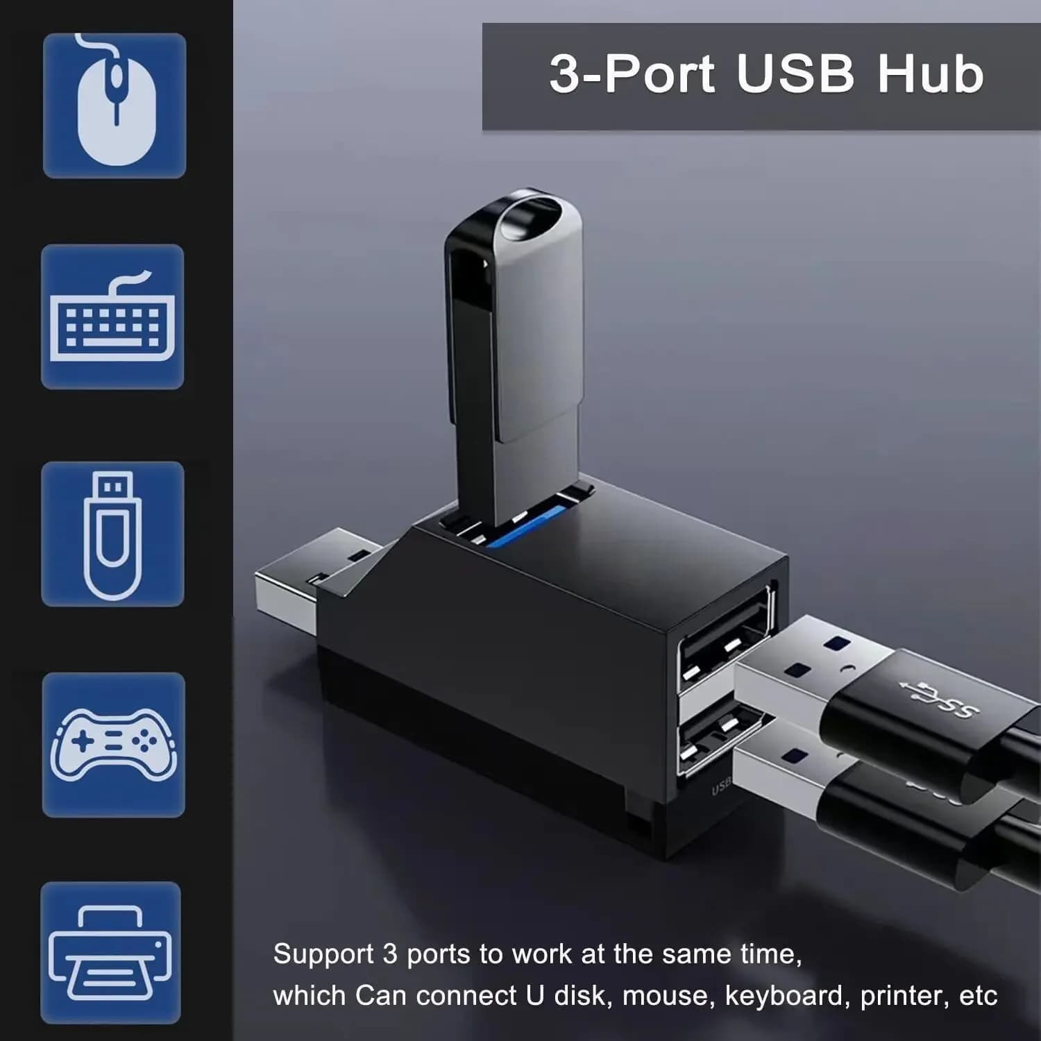 USB 3.0 Hub, 3-Port USB-A Adapter and Distributor, Plug and Play, No Driver Required, Easy to Use, Laptop, PC, Car, Mac Pro, iPa