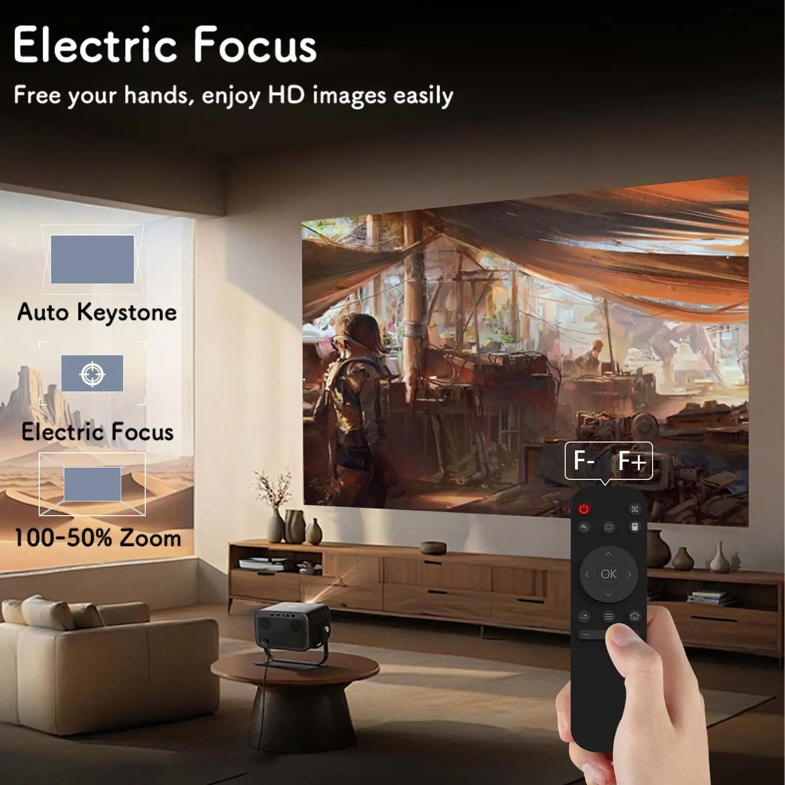 Mini 4K Projector Wall Projector, Portable Outdoor Movie Projector with Built-in Wi-Fi, Speaker & Digital Keystone, HDMI/BT,