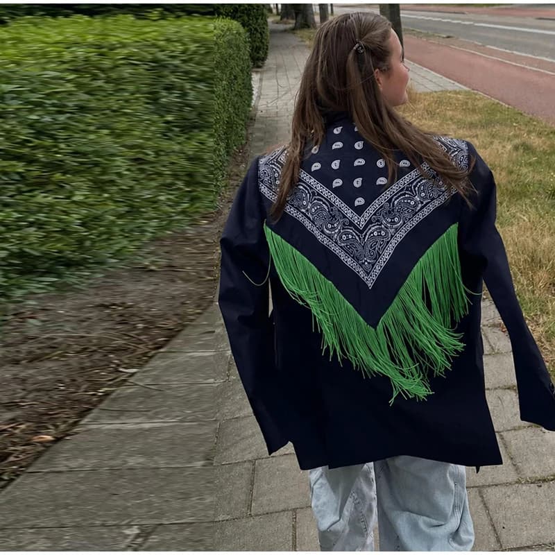 Women's Bandana Print Blazer with Fringe Shawl Back