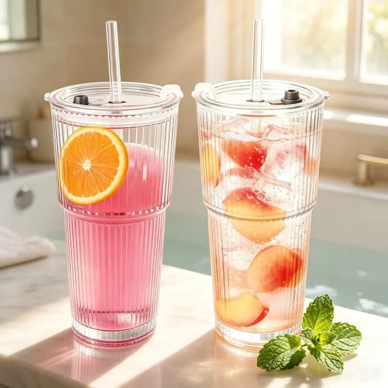 Striped Glass Coffee Cup with Lid and Straw