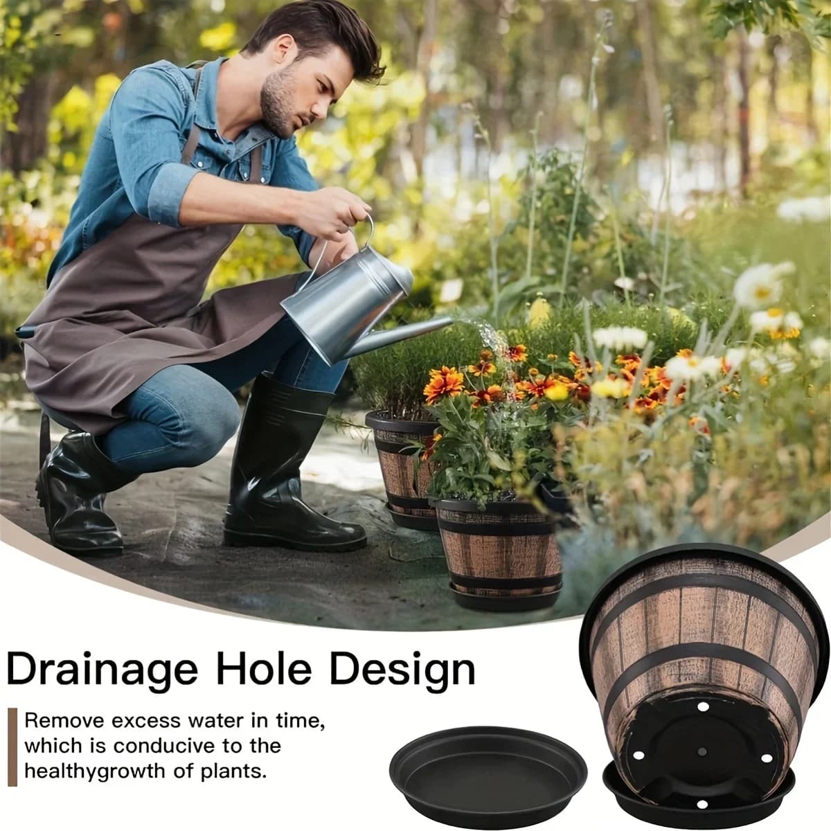 Whiskey Barrel Shaped Planter Pot with Drainage