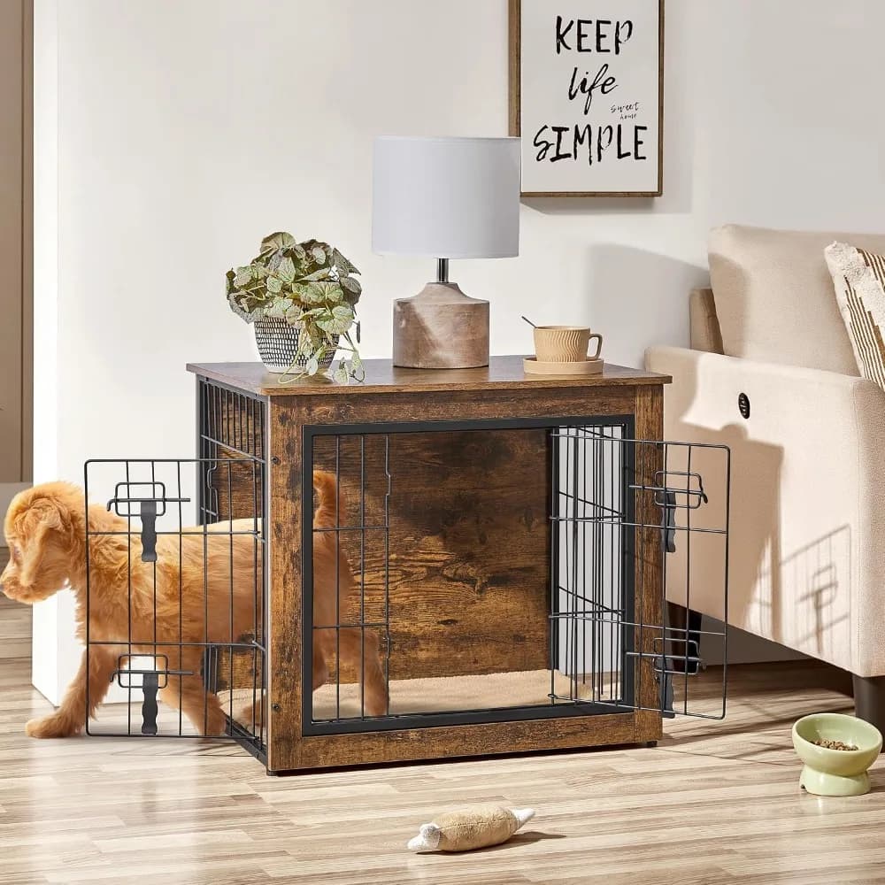 Wooden Dog Crate End Table with Double Door
