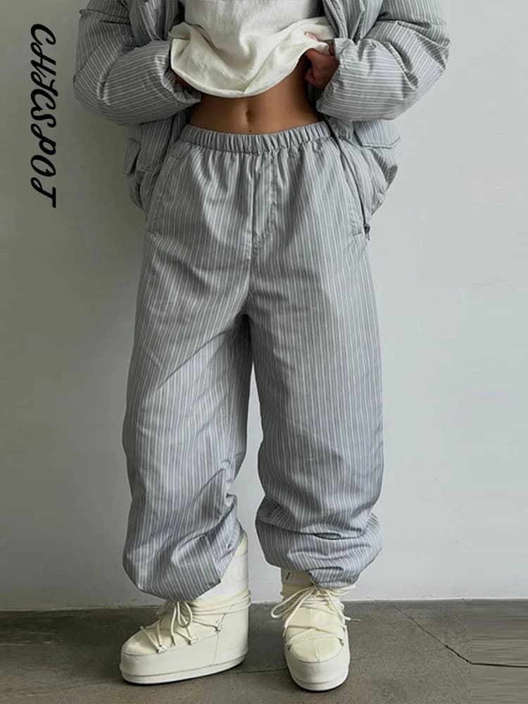 Women's Striped Hooded Padded Jacket and Lantern Pants Set