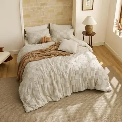 California King Size Comforter Set Beige, Boho Tufted Bed Set, Checkered Farmhouse-Style Distressed Vintage Bedding, 3