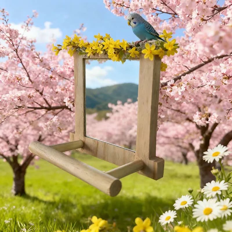 Bird Mirror Perch Toy with Rope Stand