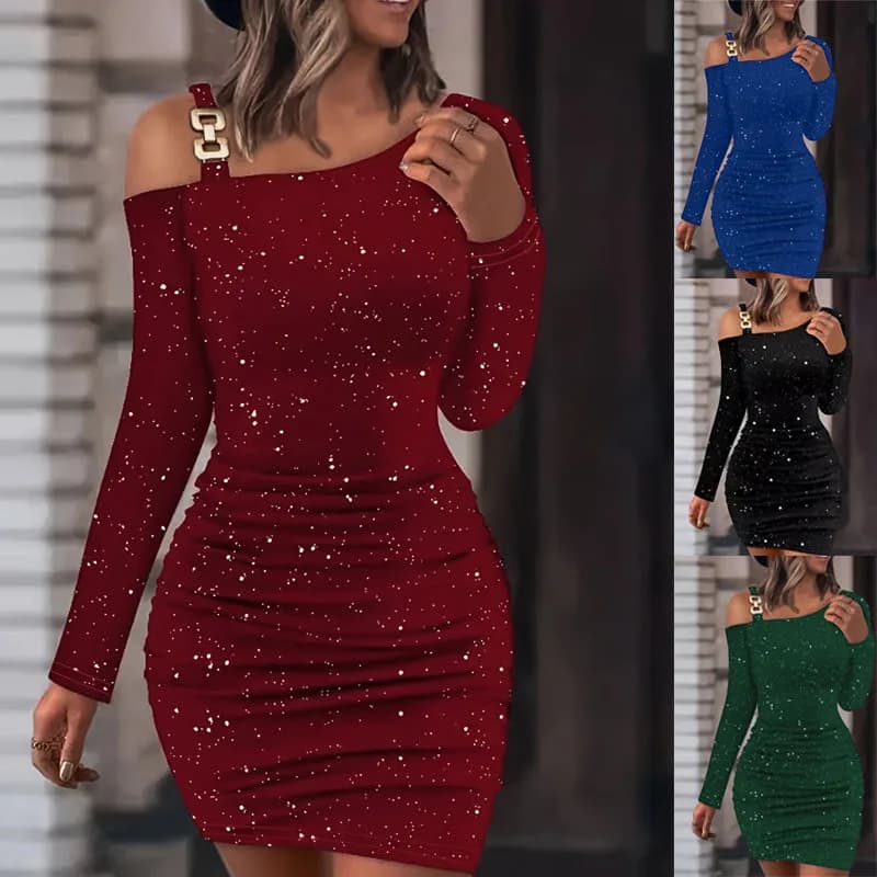 Women's Asymmetrical Velvet Sequin Bodycon Mini Dress