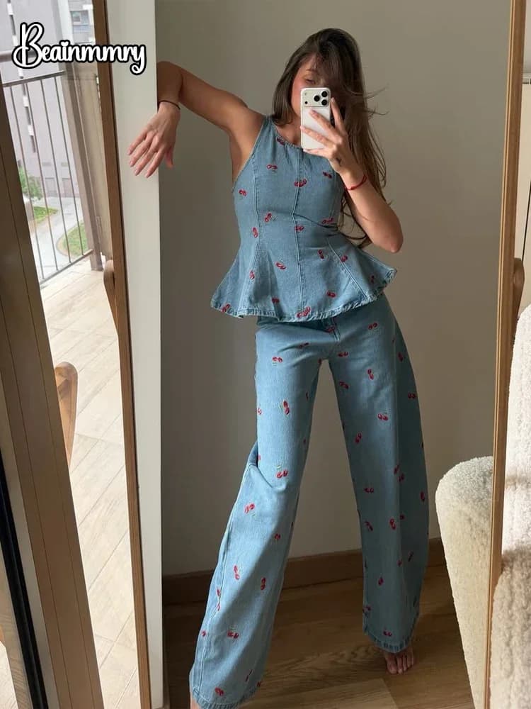 Denim Printed Sleeveless 2-Piece Suit Set