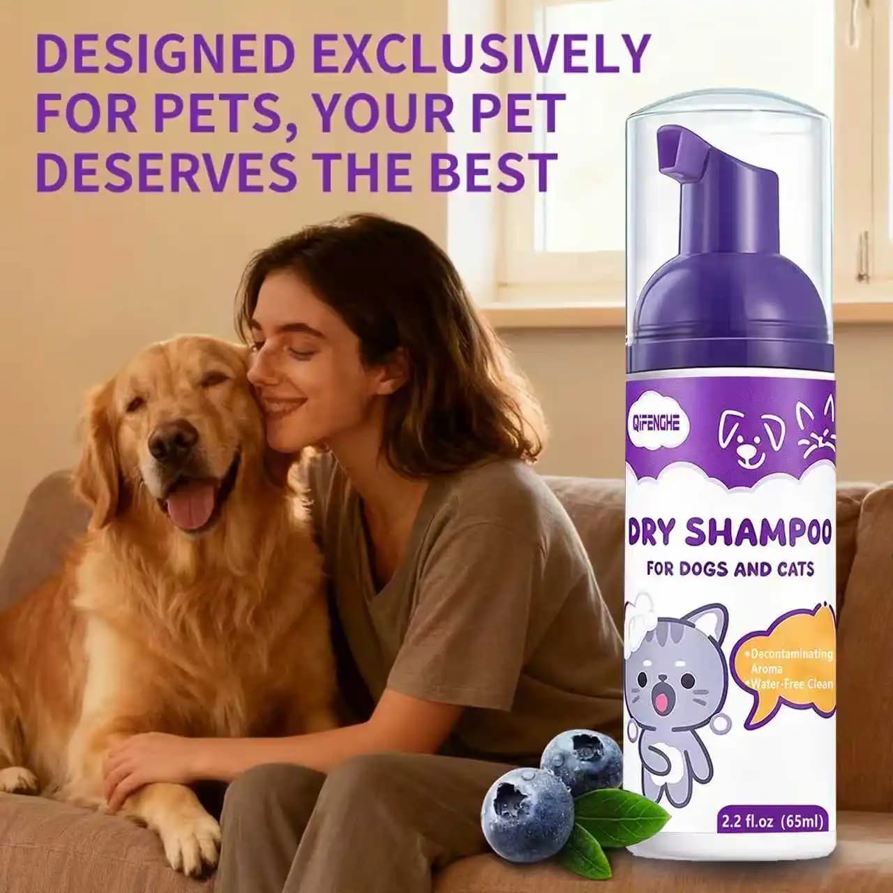 QIFENGHE 65ml Pet Dry Shampoo Foam, Waterless No-Rinse Cleaner for Dogs & Cats, Gentle Decontaminating Aroma Foam Shampoo for Pe