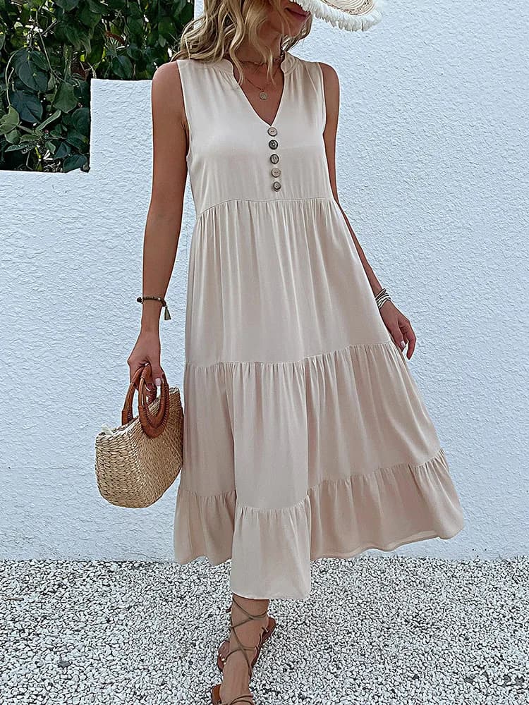 Casual Summer Midi Dress Sleeveless V-Neck