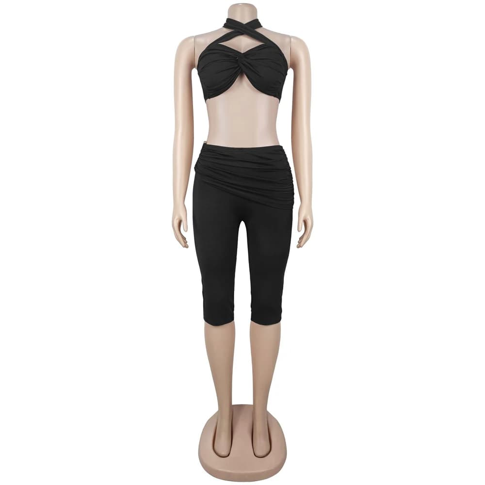 Cross Neck Crop Top and Capri Legging Set