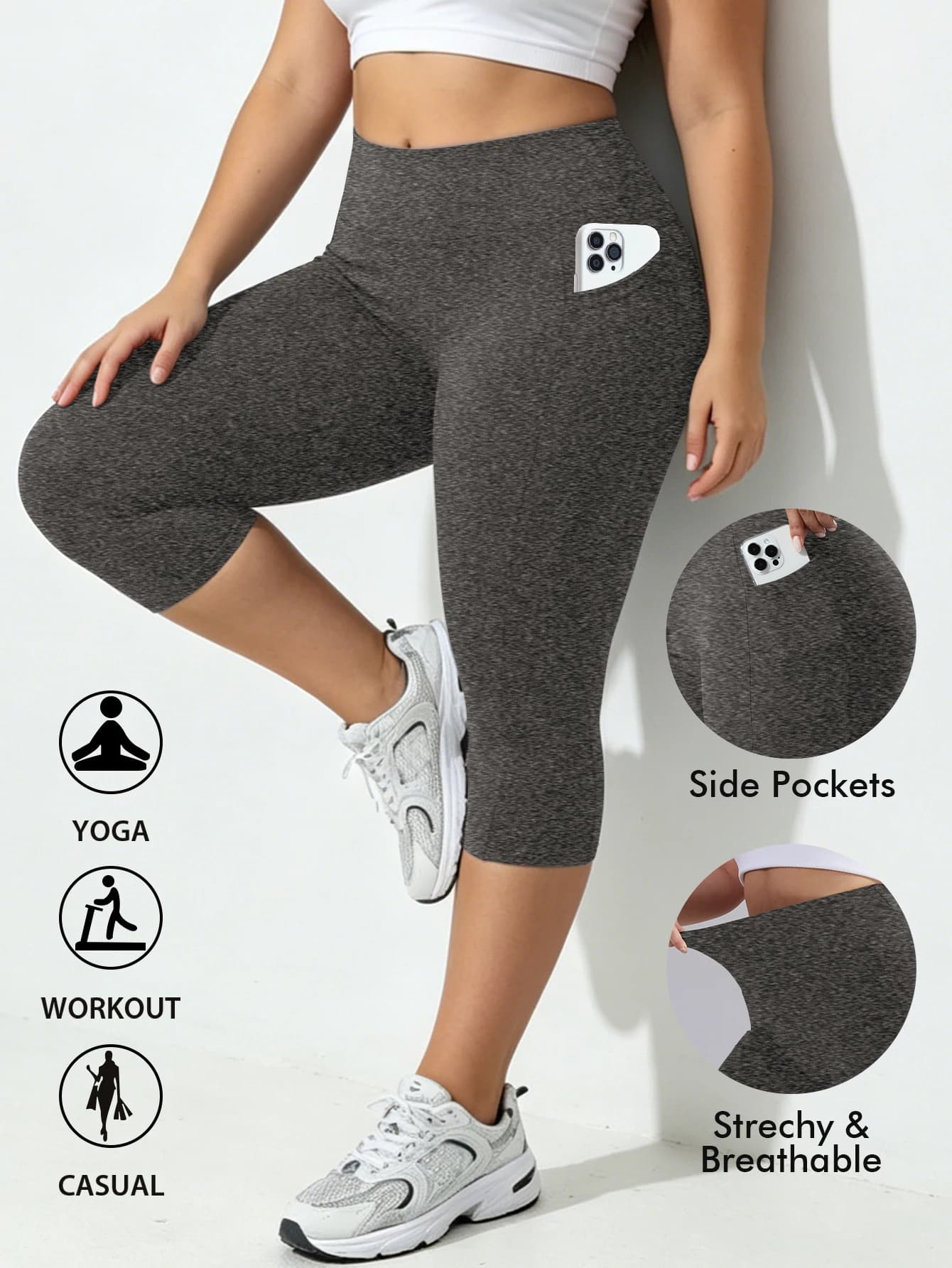 Plus Size Capri Leggings with Pockets and Tummy Control