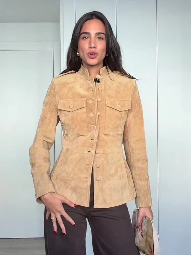 Fashion Jacket For Women 2026 Spring Autumn Classic Vintage Suede Stand Collar Single Breasted Casual Versatile Short Streetwear