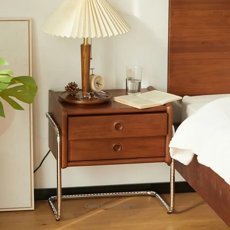 Compact Modern Minimalist Solid Wood Nightstand with Storage Drawers for Small Bedroom, Bedside Cabinet