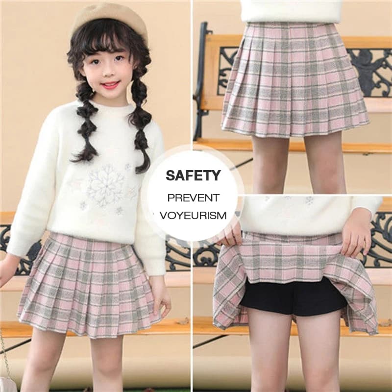 Girls Pleated Plaid Winter Wool Skirt