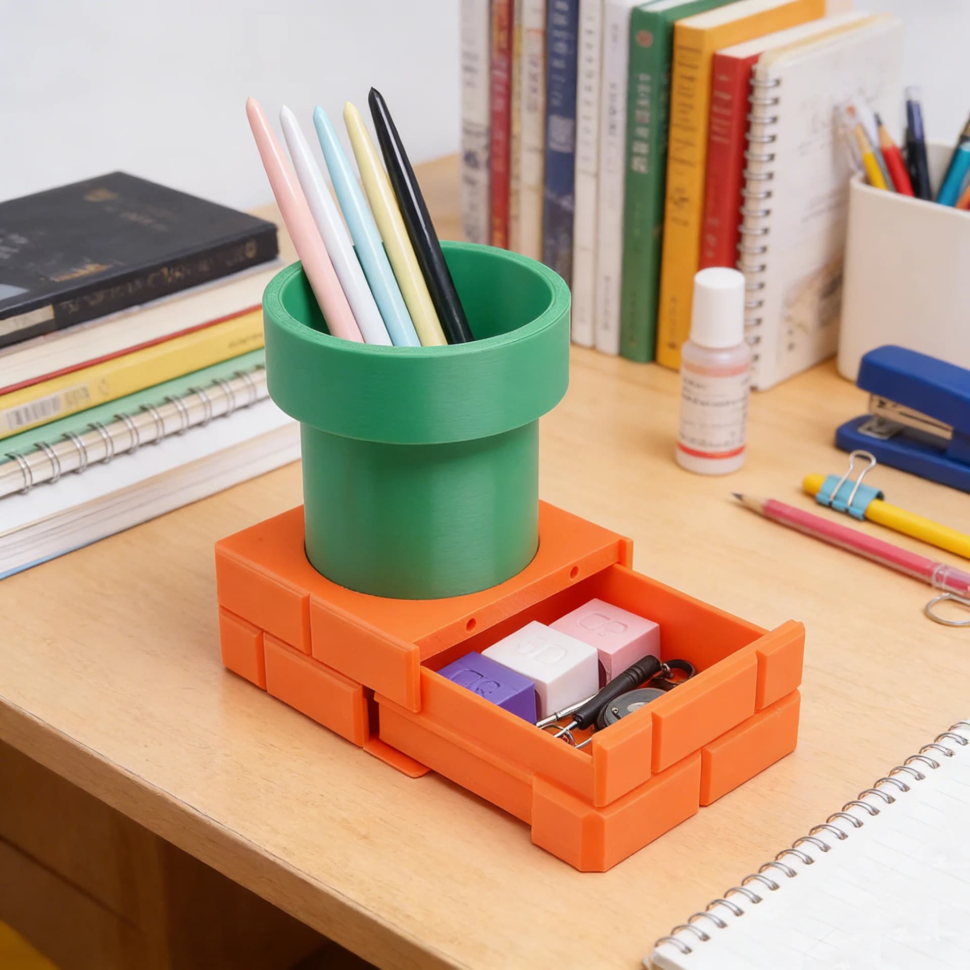 Brick and Pipe Desk Pen Holder with Drawer