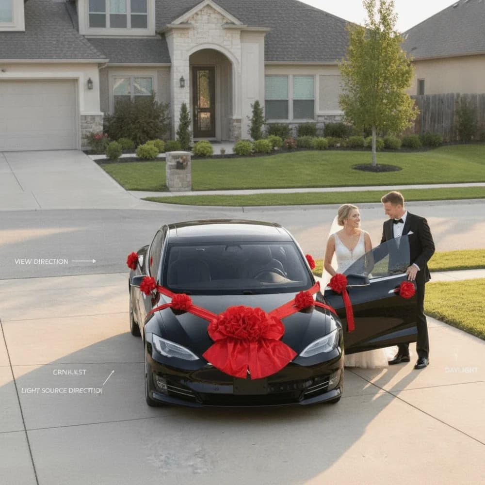 Large Wedding Car Front Decor Full Set Romantic Floral Ball Flower Arrangement Ribbon Bows Bridal Main Car Decor