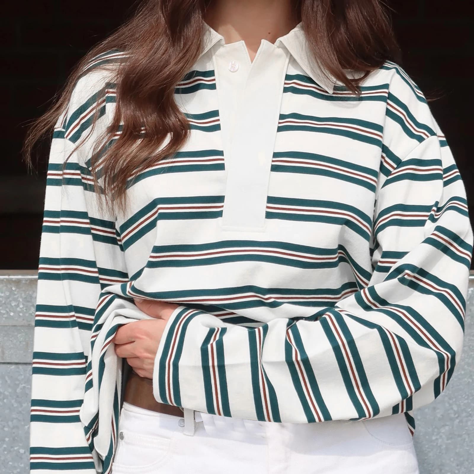 Women's Spring Fall Fashionable  Striped Print Collared Tops Casual Long Sleeve Loose Fit Lapel T-shirts